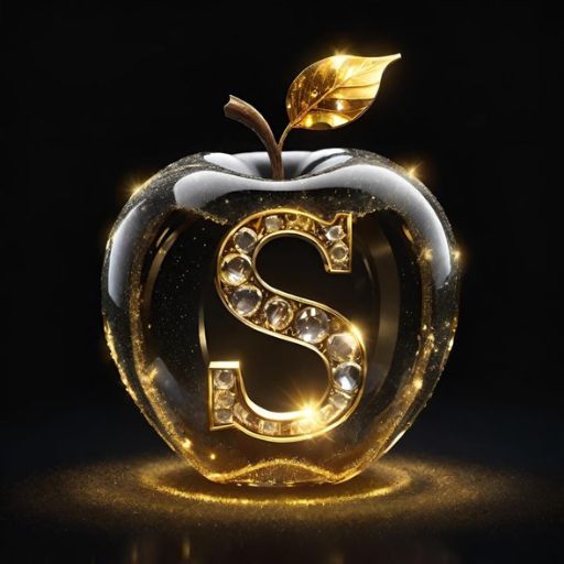 A glittering golden letter 'S' encrusted with jewels inside a glass apple with a gold leaf, on a dark background