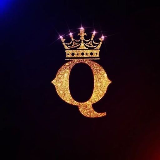 A glittery gold letter Q with a crown on top against a black background