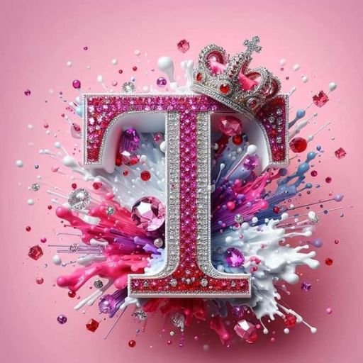 A glittery letter 'E' with a crown and a colorful explosion of gems and paint on a pink background