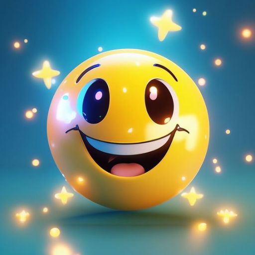 A glowing 3D emoji with a beaming smile and sparkling stars on a blue background