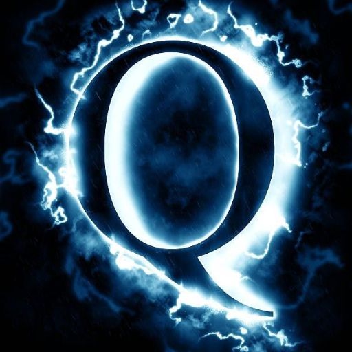 A glowing blue letter _Q_ with surrounding electric sparks on a dark background