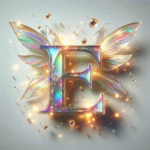 A glowing, iridescent letter _E_ with sparkles and butterfly wings on a soft gray background