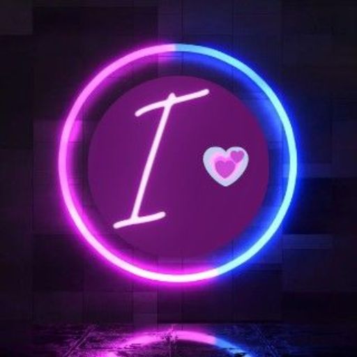 A glowing neon sign with the text _I [heart]_ in purple and pink hues against a dark background