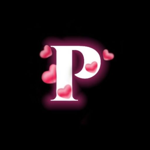 A glowing pink letter 'P' surrounded by small hearts on a black background