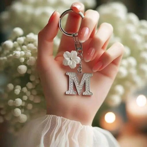 A hand holding a keychain with a sparkly letter 'M' and a white flower against a blurred floral background