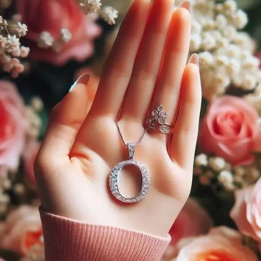 A hand holding a pendant with roses in the background