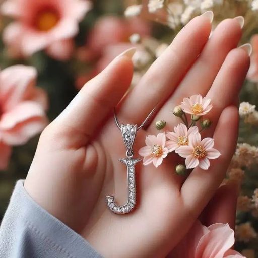 A hand holding a sparkling _J_ pendant with delicate pink flowers in the background