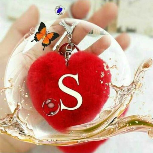 A hand holding a transparent bubble with a red heart labeled 'S' inside, water splash around, and a butterfly on top