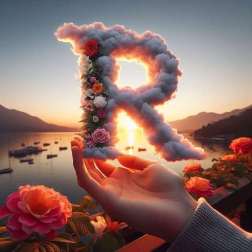 A hand holds a floral and cloudy letter R against a sunset over a serene lake with boats