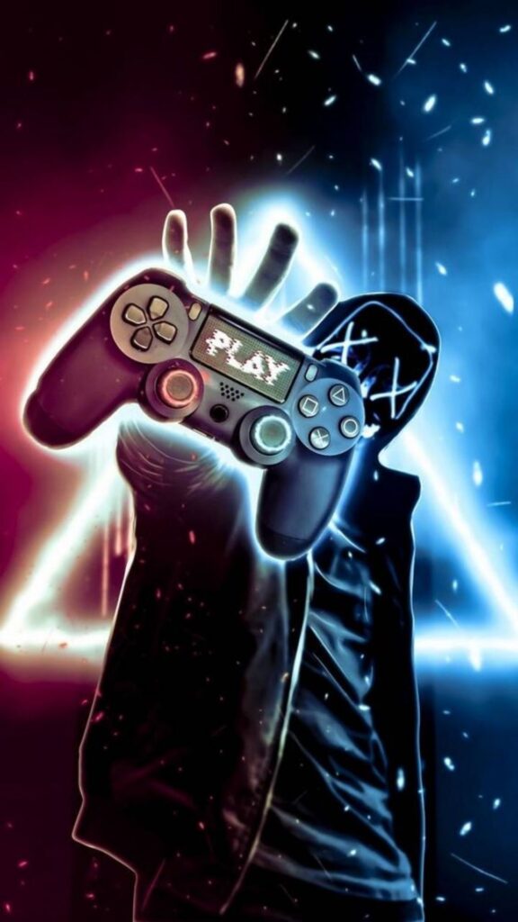 A hand holds a glowing game controller with _PLAY_ on the touchpad, against a dynamic, colorful backdrop