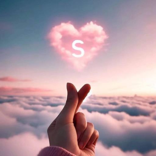 A hand makes a heart gesture with a heart-shaped cloud and the letter 'S' floating above it against a sky backdrop