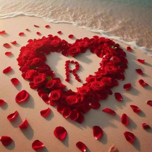 A heart made of red roses and petals on a sandy beach with gentle waves in the background