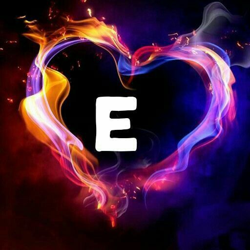 A heart shape formed by colorful flames with a bold letter 'E' in the center against a dark background