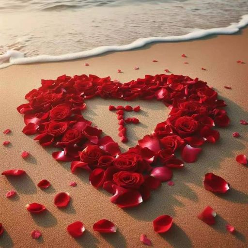 A heart shape made of red roses and petals on sandy beach with gentle waves approaching