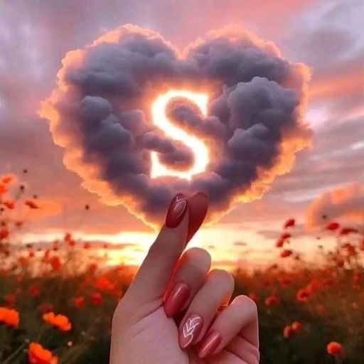 A heart-shaped cloud with an _S_ glowing in the center, overlaid on a sunset sky and a field of flowers, framed by a hand