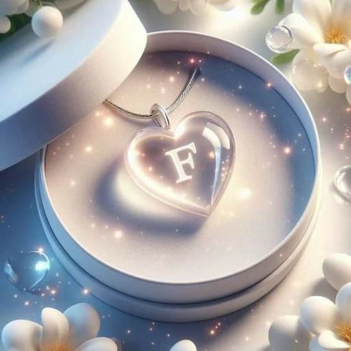 A heart-shaped pendant with the letter 'F' inside a gift box surrounded by flowers and sparkles