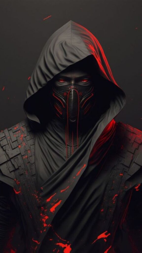 A hooded figure in a cloak with red accents against a dark background