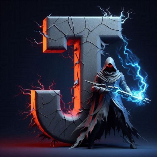 A hooded figure with a glowing blue sword stands before a cracked, stone letter _T_ with orange light and blue lightning