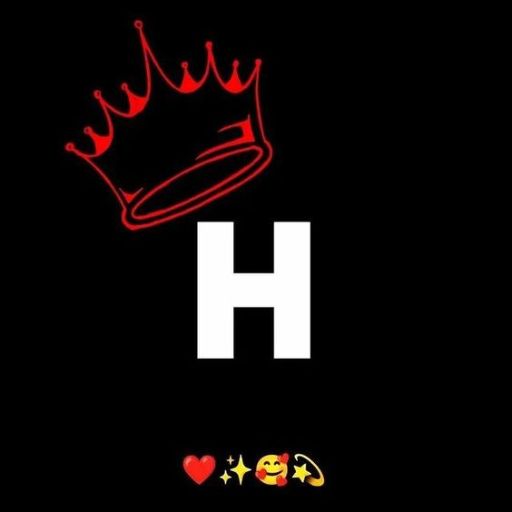 A large white letter _H_ with a red crown above it on a black background, flanked by heart and face emojis below