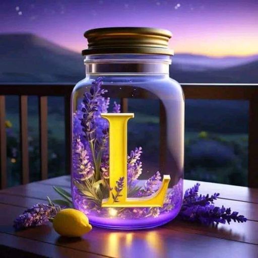 A luminous letter 'L' in a jar with purple flowers against a twilight mountain backdrop