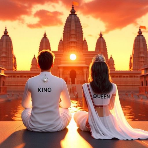 A man and woman seated before a temple, with the words _king_ and _queen_ prominently displayed above them