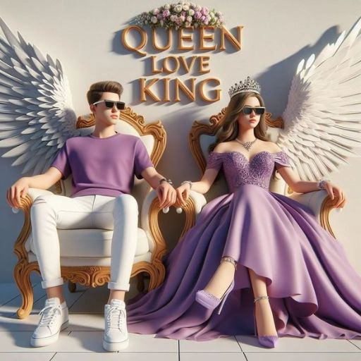 A man and woman wearing sunglasses sit on thrones. The man is in a purple shirt and white pants. The woman is in a purple dress with a crown. Wings and the words _QUEEN LOVE KING_ are behind them