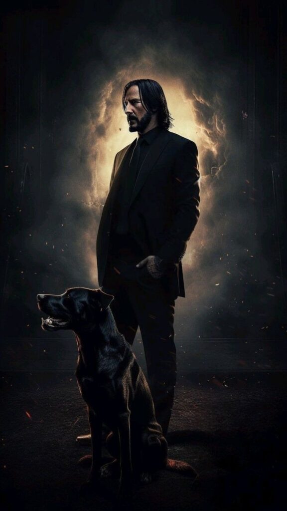 A man in a suit stands beside a black dog with a fiery backdrop