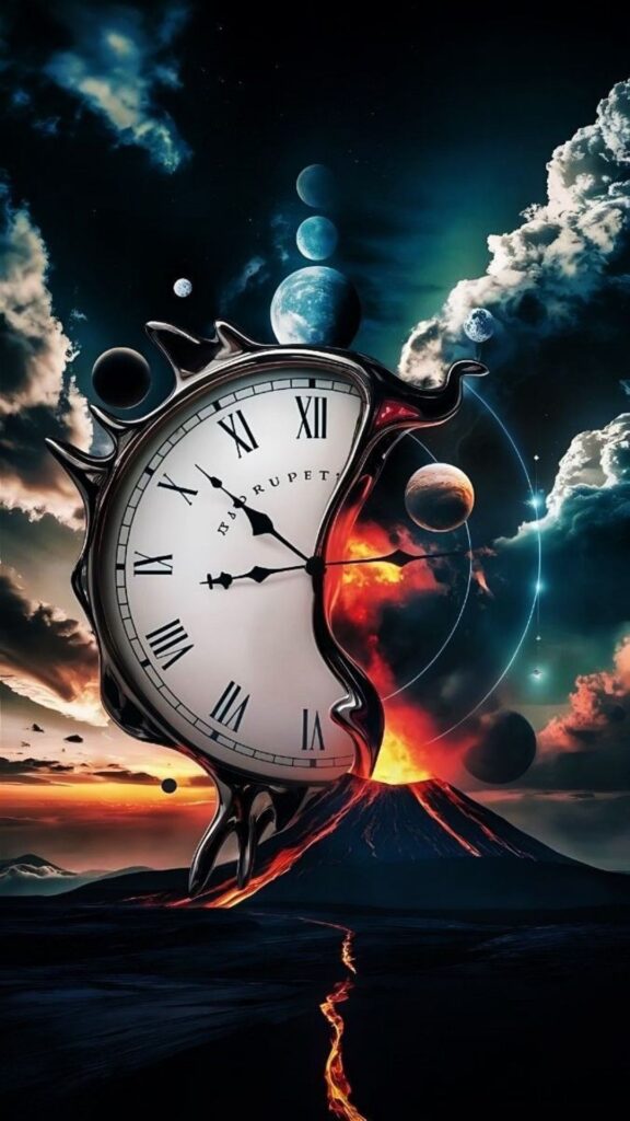 A melting clock with a volcano and planets against a twilight sky