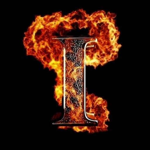 A metallic letter 'I' surrounded by vivid flames against a black background