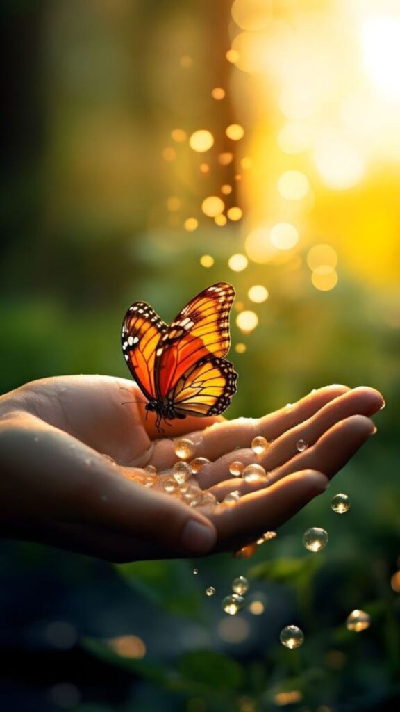 A monarch butterfly on an open palm with water droplets in golden sunlight