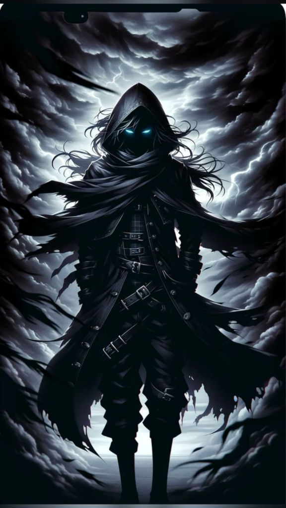 A mysterious cloaked figure with glowing blue eyes stands against a stormy, cloud-swirled backdrop