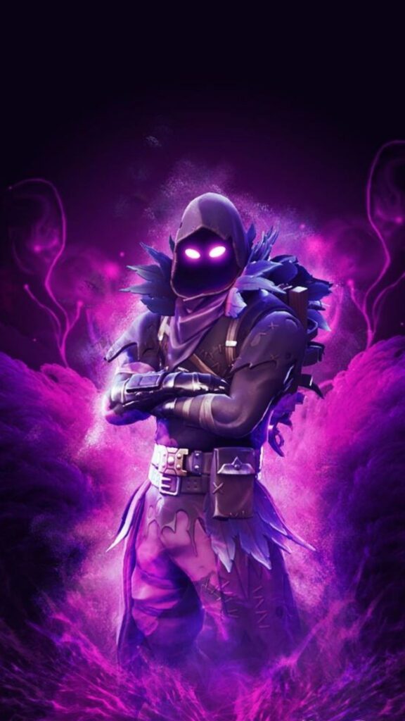 A mysterious ninja with glowing eyes stands amidst swirling purple mist