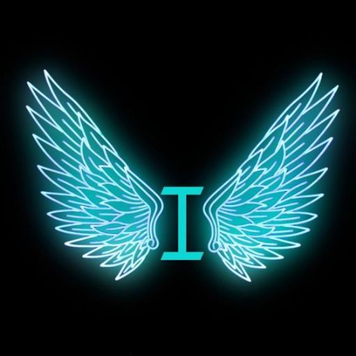 A neon blue Gemini symbol flanked by stylized wings on a black background