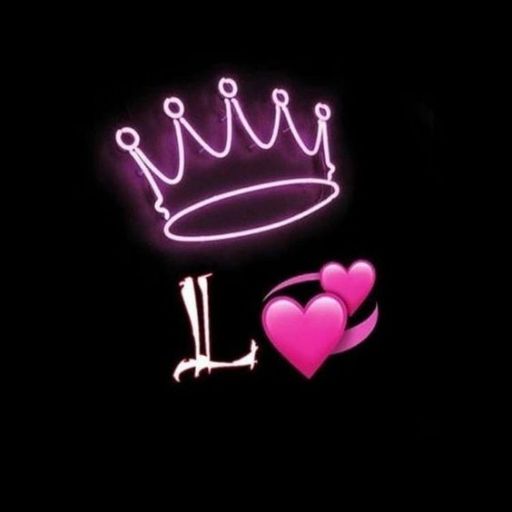 A neon pink crown above a letter 'L' with a heart, all against a black background