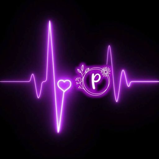 A neon purple ECG line with a heart shape and the letter 'P' encircled by flowers on a black background