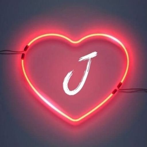 A neon sign in the shape of a heart with a red outline and a white letter _J_ in the center against a grey background