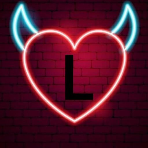 A neon sign of a heart with devil horns and a tail, glowing in red and blue, against a brick wall