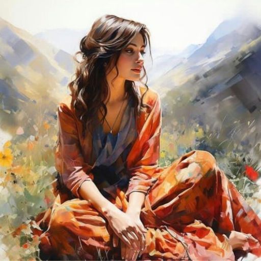 A painting of a woman sitting outdoors in a colorful, floral landscape