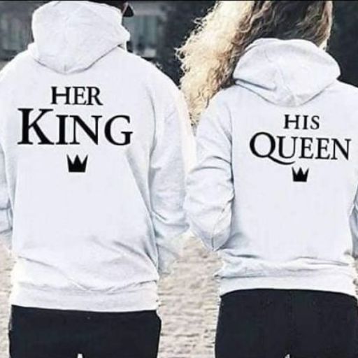 A pair of matching king hoodies designed for couples, showcasing a stylish and cozy look for him and her