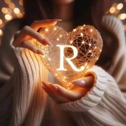 A person holding a glowing heart-shaped object with a letter _R_ inside it, surrounded by soft lights