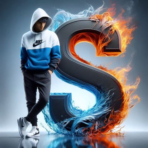 A person in Nike apparel stands next to a fiery and icy letter S