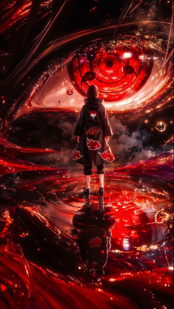 A person in a cloak standing on water with swirling red and black patterns and glittering lights around