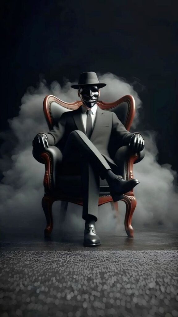 A person in a suit sitting on a vintage chair surrounded by mist