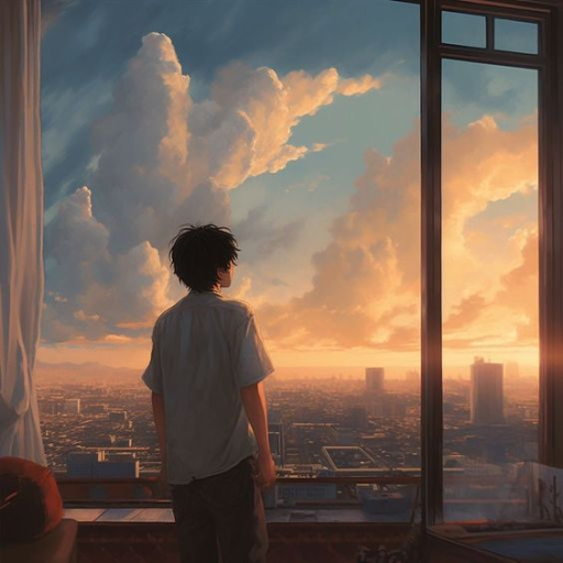 A person stands by an open window, overlooking a cityscape bathed in the warm glow of a sunset with dramatic clouds