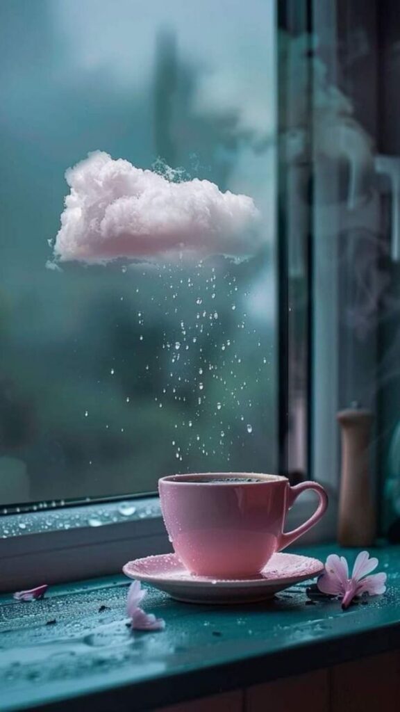 A pink cup with steam rising to form a cloud, on a rain-drenched windowsill