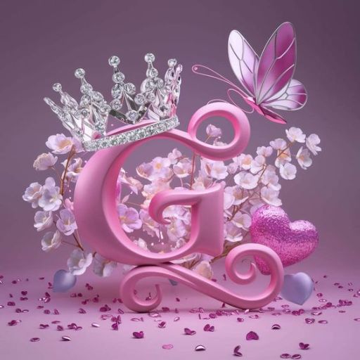 A pink letter _E_ adorned with a crown, flowers, and a butterfly on a purple background