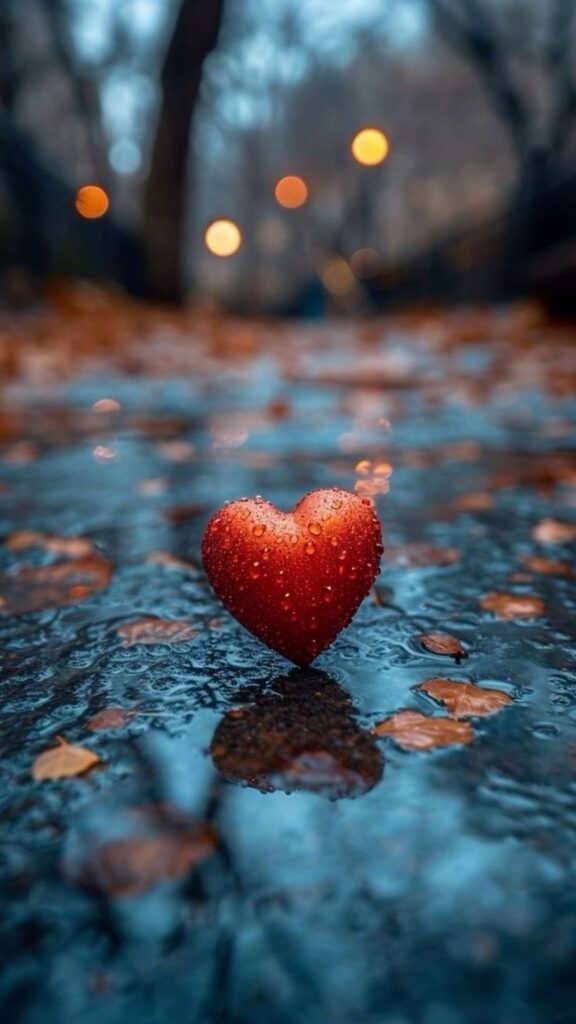 A red heart-shaped object with water droplets on a wet surface, blurry lights and trees in the background