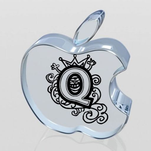 A shiny silver Apple logo with a stylized 'Q' emblem in the center against a gray background