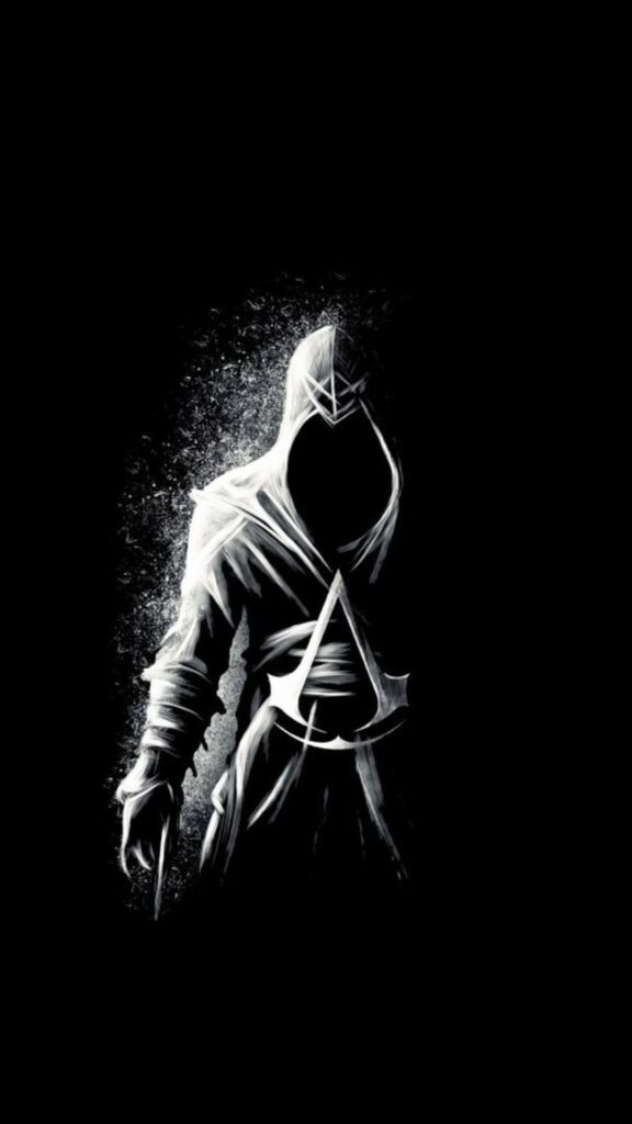 A silhouette of a mysterious hooded figure with a visible insignia on a black background