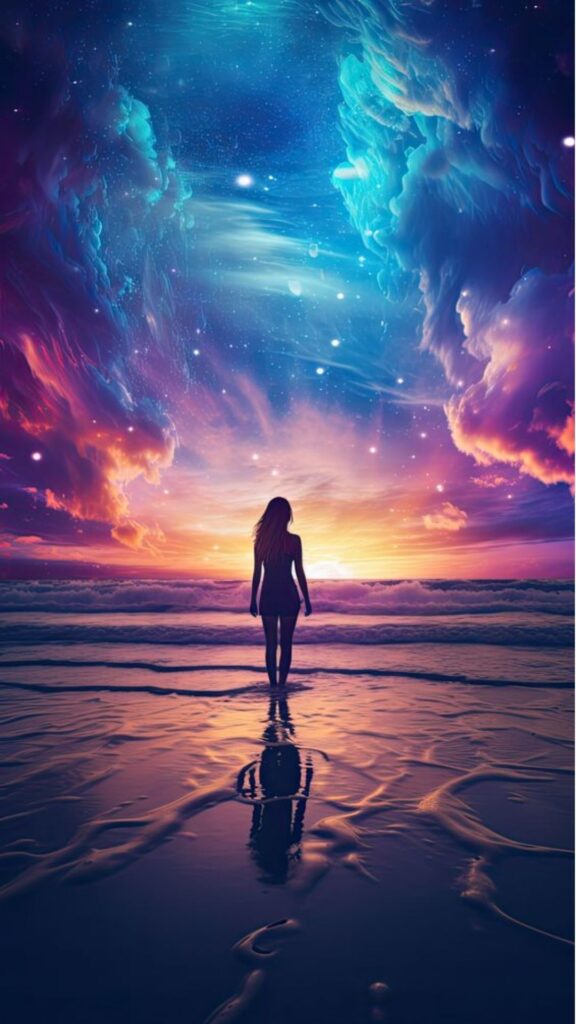 A silhouette of a woman standing on a beach at sunset, with a surreal, colorful sky and stars above